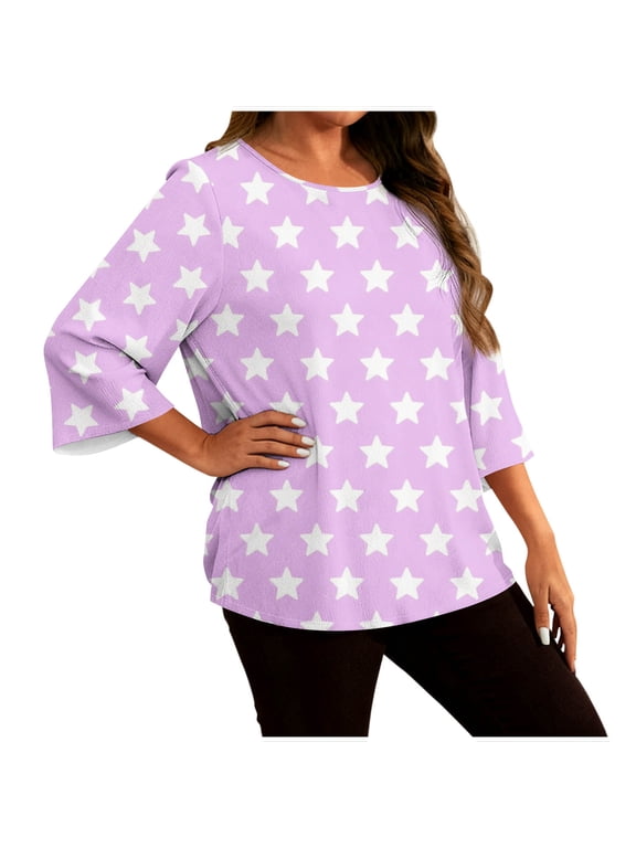 Plus Size Tops for Curvy Women 3/4 Sleeve Crewneck Blouse Pullover Tunic Shirts Star Fall Casual Clothes