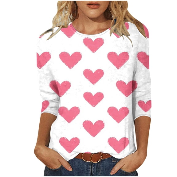 successthop Plus Size Valentine Tops Pink Heart Oversized Crewneck Shirt Festival Lightweight 3/4 Sleeve Blouse L