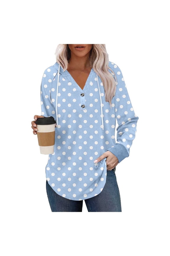 Polka Dots Hoodie Button V Neck Drawstring Long Raglan Sleeve Streetwear Curved Hem Sweater Tops Light Blue