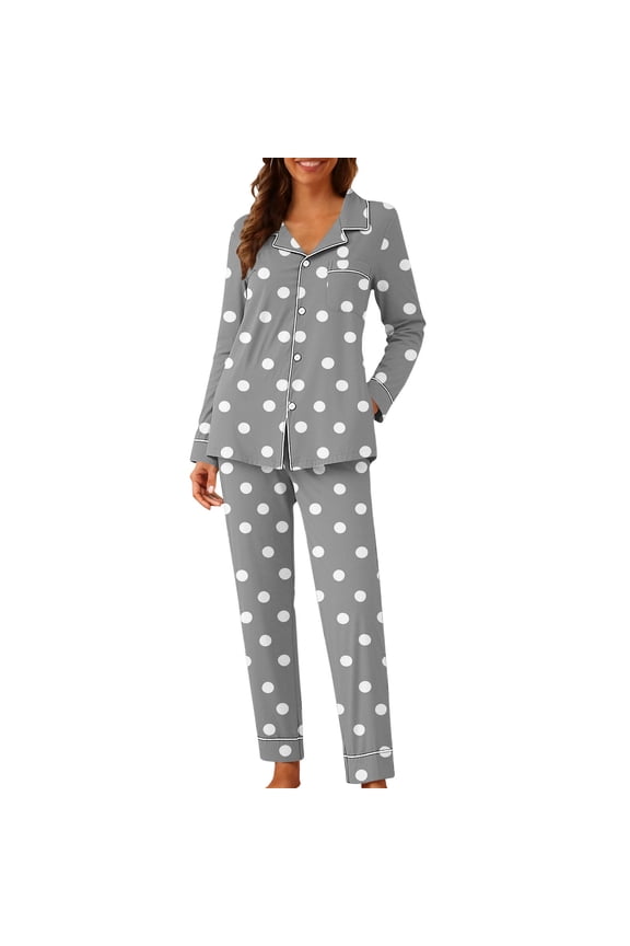 Polka Dots Pajama Set for Women Long Sleeve Collared Causal Top with Pocket and Full Pant Sleepwear Gray L