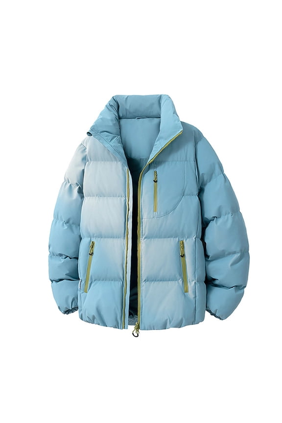 Puffer Jacket Men No Hood Quilted Plus Size Outwear with Pockets Zip Long Sleeve Coat Winter Clothes Blue L