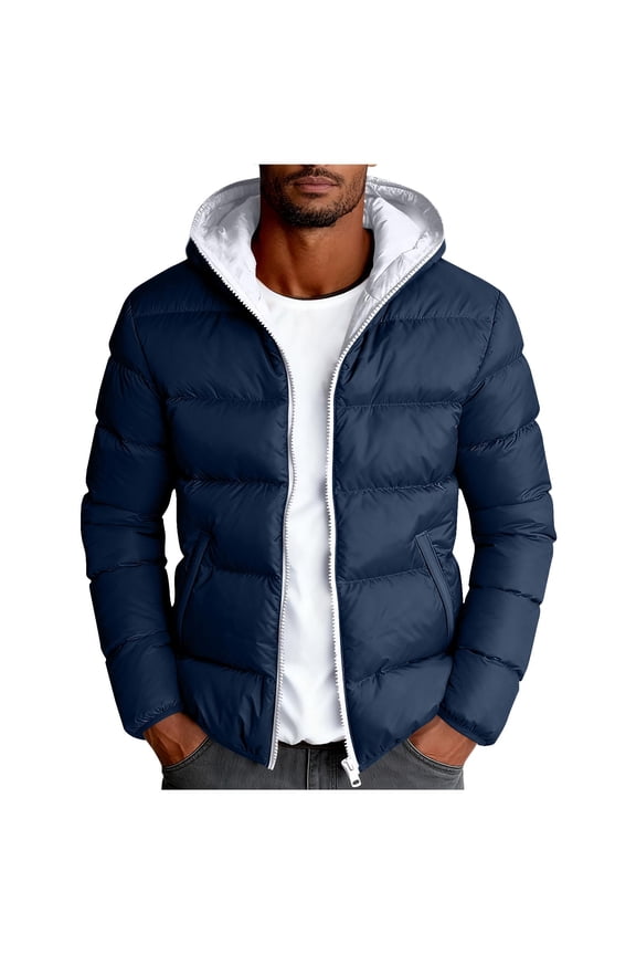 Puffer Jacket Men with Hood Quilted Coat with Pockets Zip Long Sleeve Outwear Color Block Winter Clothes Blue