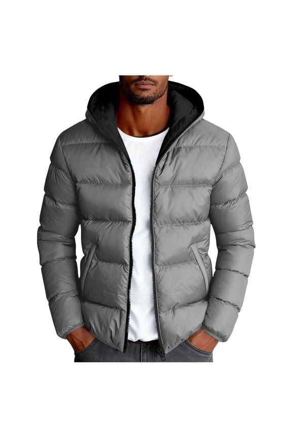 Puffer Jacket Men with Hood Quilted Coat with Pockets Zip Long Sleeve Outwear Color Block Winter Clothes Gray