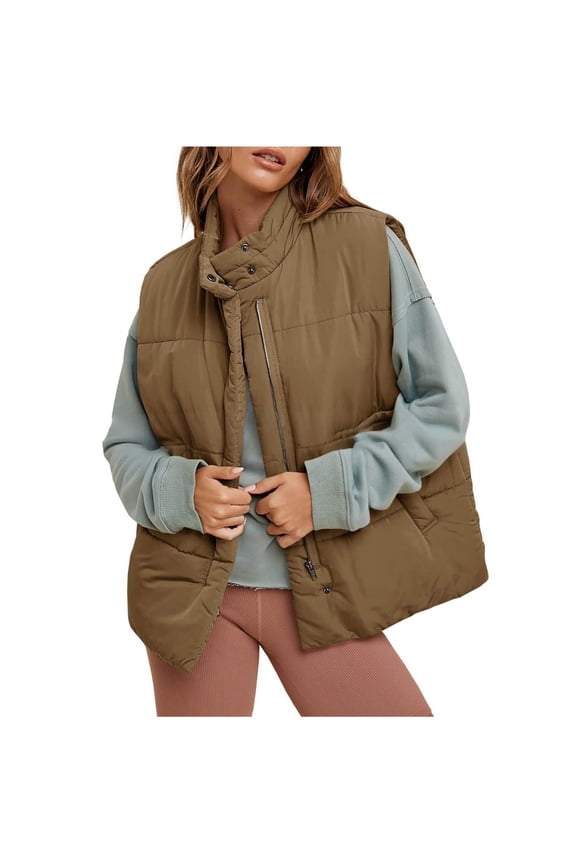 Puffer Vest Women Quilted Solid Warm Coat Zip Up Winter Sleeveless Outerwear with Pockets Fuzzy Clothes