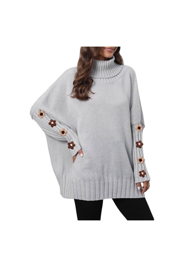 Pullover Sweaters for Women Plus Size Long Sleeve Turtle Neck Tops Tunic Knitwear Ribbed Floral Fall Clothes