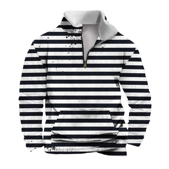 successthop Pullover Sweatshirts Men Plus Size Quarter Zipper Long Sleeve Sweater Trendy Tops Stripe Streetwear Black