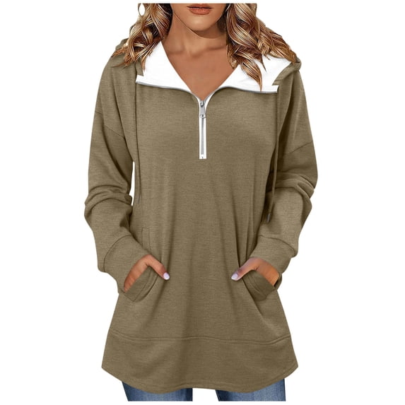 successthop Quarter Zip Hoodie Women Drawstring Long Sleeve Top with Pockets Streetwear Solid Trendy Sweater Coffee L