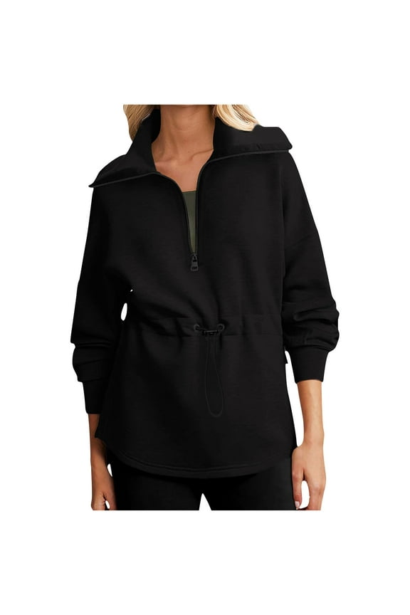 Quarter Zip Sweatshirt Women Side Split Collar Long Sleeve Drawstring Waist Pullover Sweaters Solid Blouses