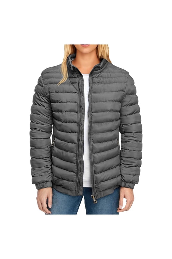 Quilted Puffer Jacket Women Plus Size Outwear with Pockets Zip Long Sleeve Coat Solid Winter Clothes Gray