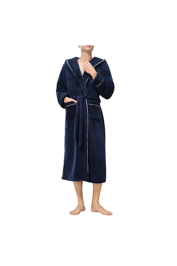Robe with Hood for Men Long Bathrobe with Pockets Loose Housecoat Bath Belted Solid Ladies Sleepwear Blue XL