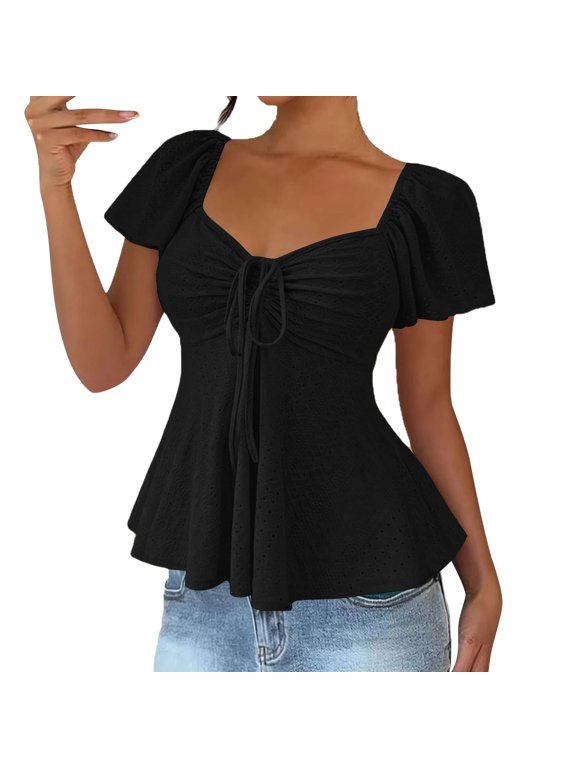 Ruffle Blouse Women Short Sleeve V Neck Shirts Front Drawstring Pleated Pullover Tops Fall Clothes Black S