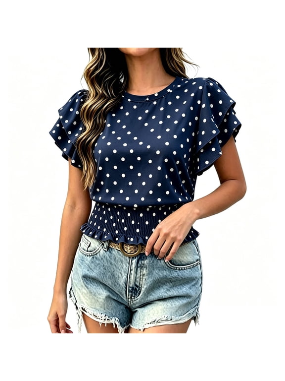 Ruffled Blouses for Women Crewneck Shirt Summer Cropped Tops Plus Size Smocked Waist Polka Dot Clothes Navy