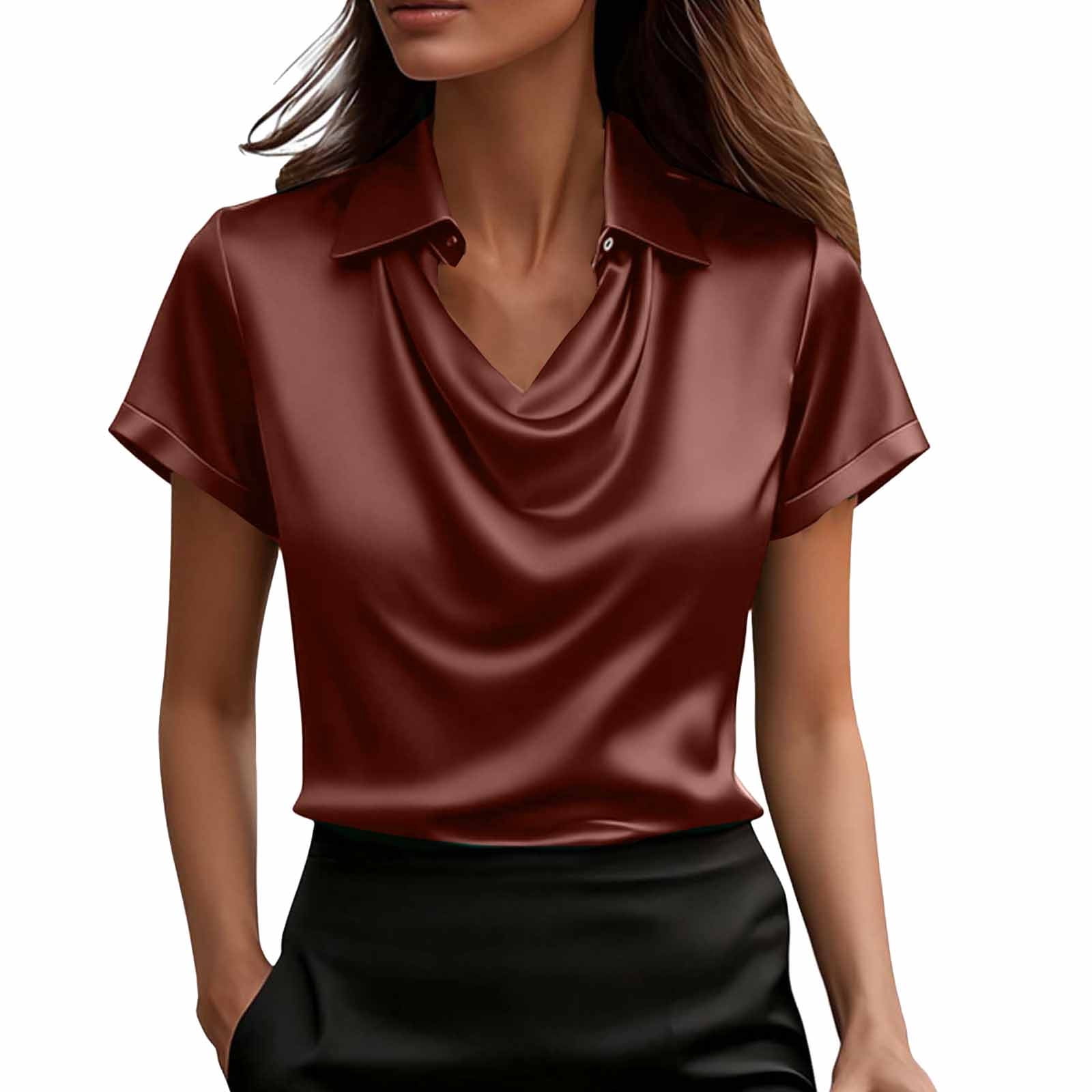 successthop Satin Shirts for Women Casual Cowl Neck Clothes Button