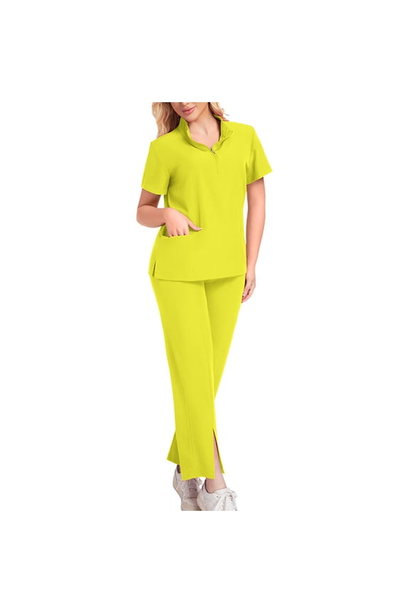 Scrub Sets for Women Workwear Short Sleeve V Neck Top and Bottoms for Work Solid Outfits with Pockets Yellow