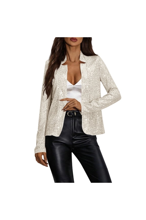 Sequin Blazer for Womens Disco Party Turtle Neck Outwear Open Front Long Sleeve Coat Solid Jacket Beige S