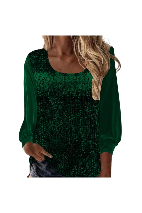 Sequin Blouses for Women Dressy Casual Oversized U Neck Tops Elegant Long Sleeve Shirts Solid Streetwear 2XL