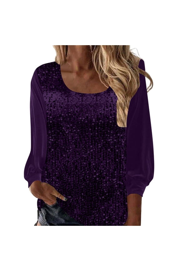 Sequin Blouses for Women Dressy Casual Oversized U Neck Tops Elegant Long Sleeve Shirts Solid Streetwear S