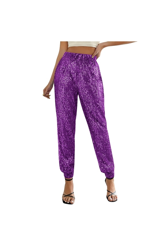 Sequin Joggers for Women Sparkly Party Loose Causal Pants Elastic Pants Solid Trendy Disco Trousers Purple