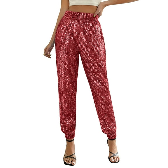 successthop Sequin Joggers for Women Sparkly Party Loose Causal Pants Elastic Pants Solid Trendy Disco Trousers Red 2XL
