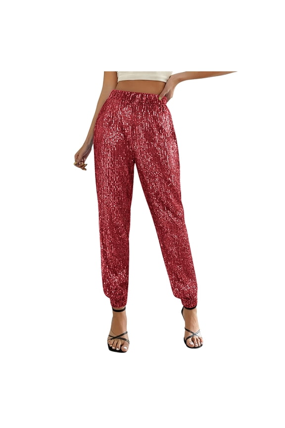 Sequin Joggers for Women Sparkly Party Loose Causal Pants Elastic Pants Solid Trendy Disco Trousers Red L