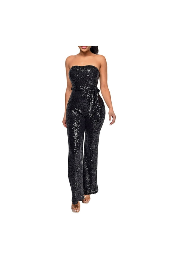 Sequin Jumpsuits for Women Evening Party Plus Size Slim V Neck Sleeveless One Piece Long Solid Lounge Wear