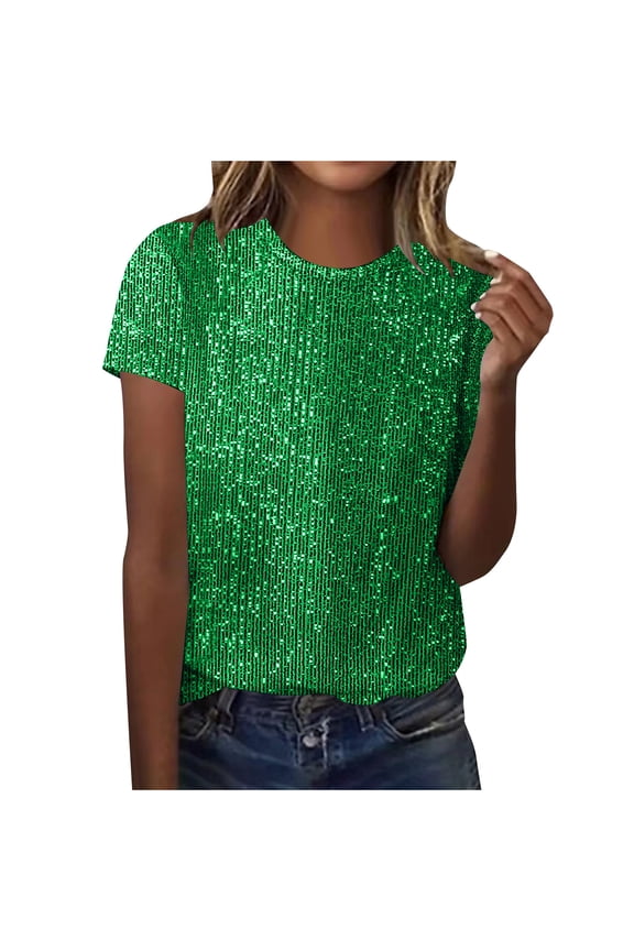 Sequin Tops for Women Casual Crewneck Shirts Elegant Lightweight Short Sleeve Clothes Solid Pullovers Green