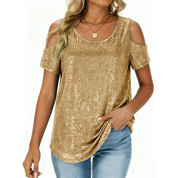 successthop Sequin Tops for Women Sparkling Casual Oversized Crewneck Blouse Short Sleeve Shirt Solid Clothes Gold L