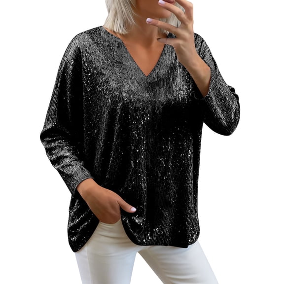 successthop Sequin Tops for Women Sparkling Casual Oversized V Neck Shirts Long Sleeve Clothes Solid Blouse Black L