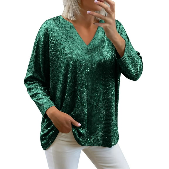 successthop Sequin Tops for Women Sparkling Casual Oversized V Neck Shirts Long Sleeve Clothes Solid Blouse Green 2XL