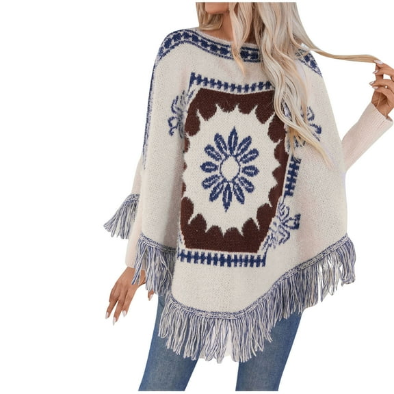 successthop Shawl Wraps for Women Knit Long Sleeve Outwear Chunky Loose Crewneck Fall Winter Tops Vintage Print Clothes