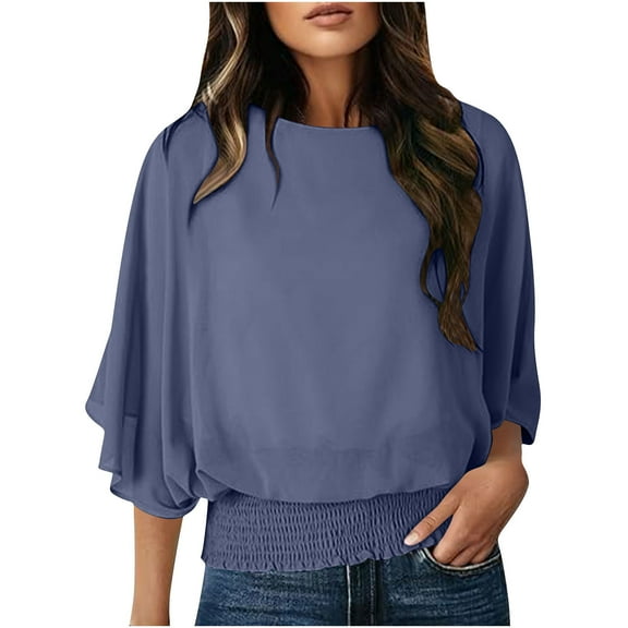 successthop Shirt for Women Peplum 3/4 Sleeve Tops Crewneck Pullover T Shirts Print Stylish Casual Clothes Blue M