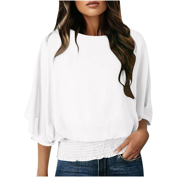 successthop Shirt for Women Peplum 3/4 Sleeve Tops Crewneck Pullover T Shirts Print Stylish Casual Clothes White M
