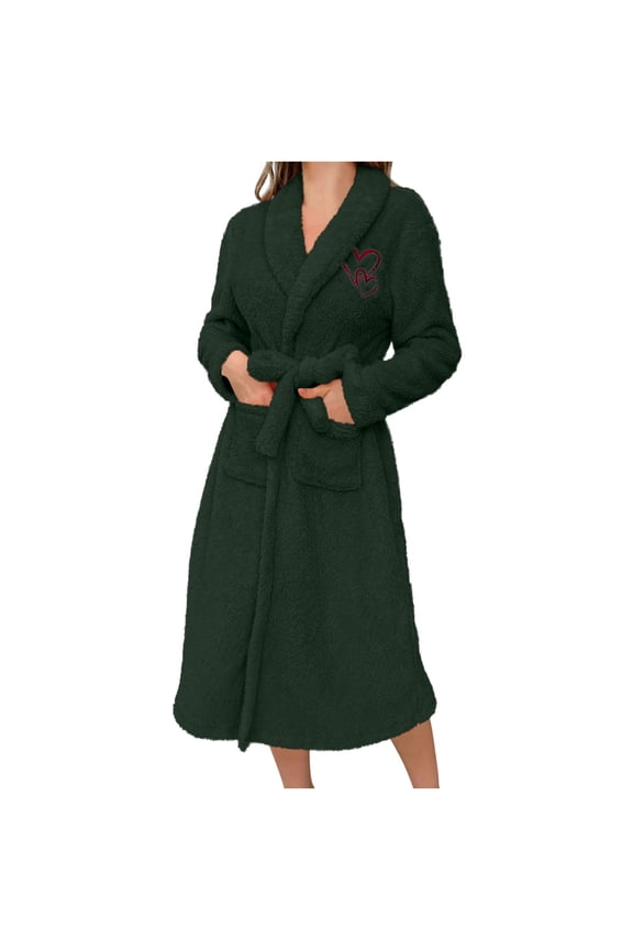 Short Robes for Women Heart Embroidery Bathrobe with Pockets Loose Sleepwear Belted Shaggy Ladies Housecoat
