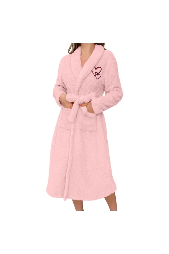 Short Robes for Women Heart Embroidery Bathrobe with Pockets Loose Sleepwear Belted Shaggy Ladies Housecoat