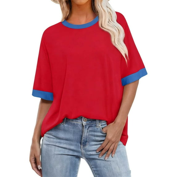 successthop Short Sleeve Shirts for Women Plus Size Crewneck Clothes Pullover Lightweight T Shirt Color Block Panel Tops