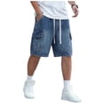 thumbnail image 1 of successthop Shorts Jeans Men Straight Leg Jorts Drawstring Button Loose Streetwear Zip Up Washed Clothes with Pockets L, 1 of 9