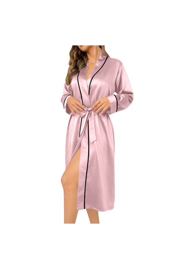 Silk Robes for Women Long Lightweight Oversized Sleepwear Spa Belted Housecoat Solid Ladies Nightgown Pink S