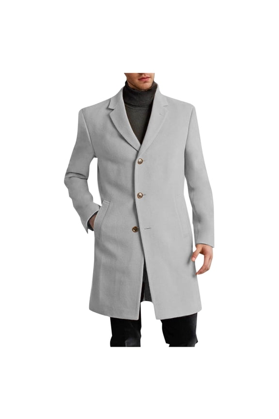 Single Breasted Wool Trench Coat for Men Notched Lapel with Pockets Trendy Outwear Long Sleeve Solid Jacket