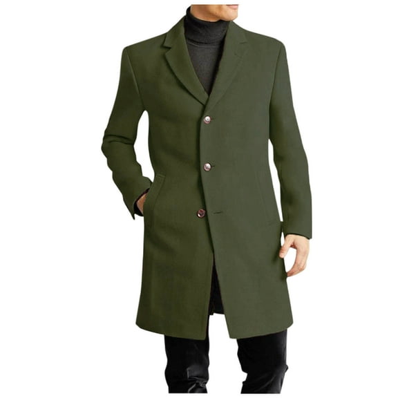 successthop Single Breasted Wool Trench Coat for Men Notched Lapel with Pockets Trendy Outwear Long Sleeve Solid Jacket