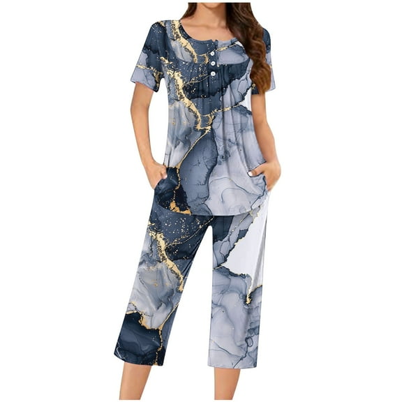 successthop Sleepwear for Women Plus Size 2 Piece Green Lightweight Floral Short Sleeve Button Capri Pajamas 3XL