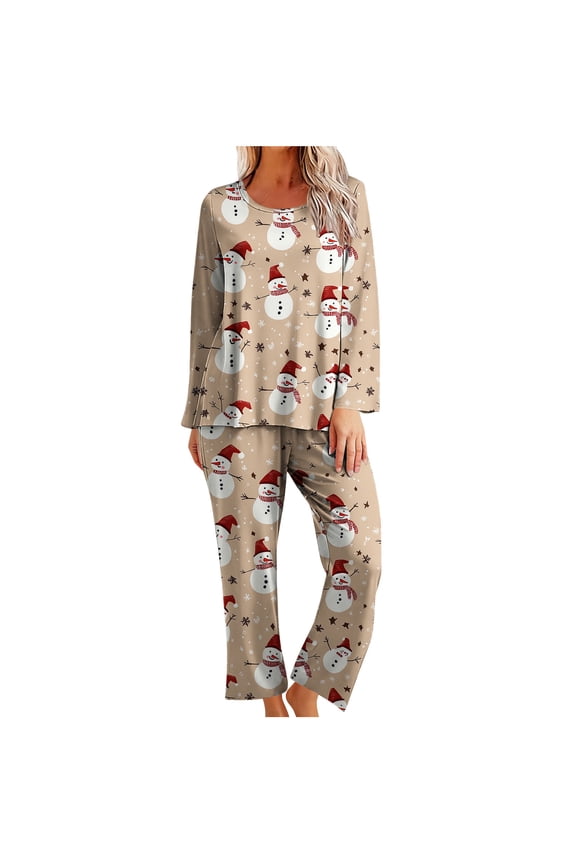 Soft Christmas Pajamas for Women Snowman Long Sleeve Crewneck Pullover Nightwear and Pj Pant Xmas Sleepwear
