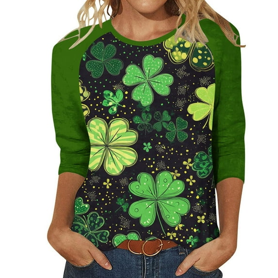 successthop St Patricks Day Clothes for Women Green Oversized Crewneck Shirt Long Sleeve Outfits Plus Size Blouse 2XL