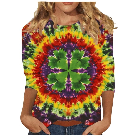 successthop St Patricks Day Clothes for Women Green Oversized Plus Size Crewneck Outfits 3/4 Sleeve Blouse Print Shirt