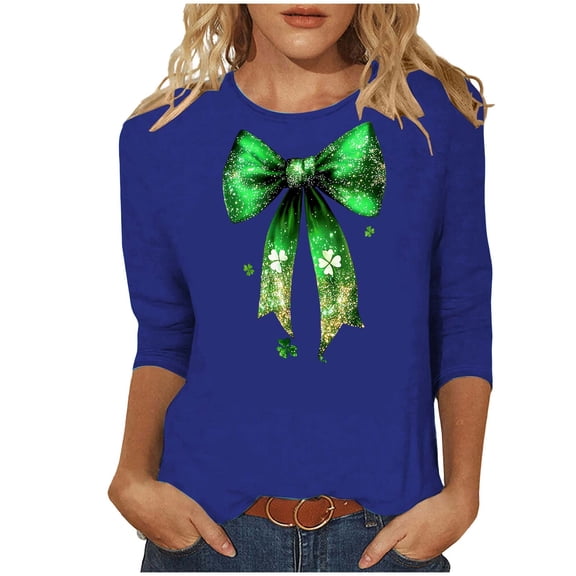 successthop St Patricks Day Shirts Womens Bow Casual Plus Size Crewneck Blouse 3/4 Sleeve Clothes Lightweight Tops Blue