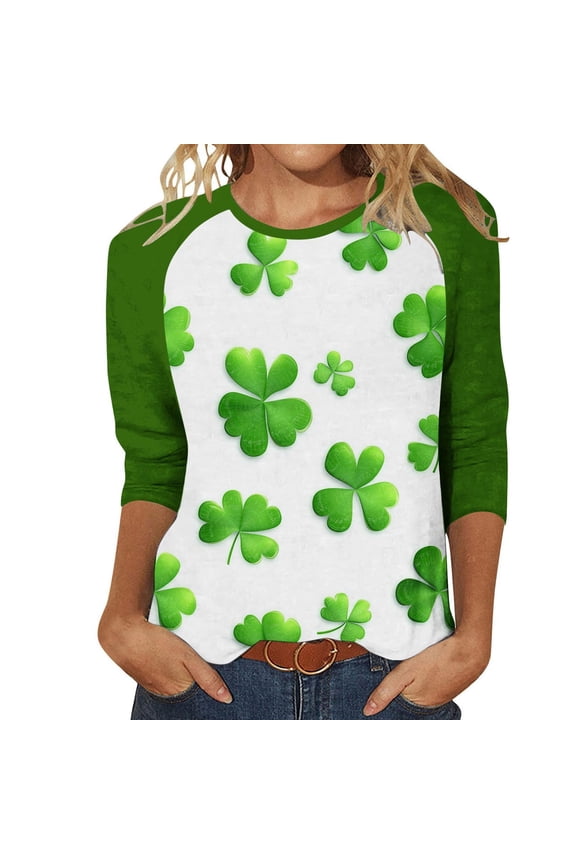 St Patricks Day Shirts Womens Green Oversized Slash Shoulder Crewneck Shirts Long Sleeve Plus Size Outfits S