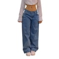 thumbnail image 1 of successthop Straight Leg Jeans for Women Low Rise Pant Button Loose Open Bottom Trousers Zip Up Stylish Streetwear Blue, 1 of 8