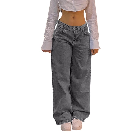 successthop Straight Leg Jeans for Women Low Rise Pant Button Loose Open Bottom Trousers Zip Up Stylish Streetwear Gray