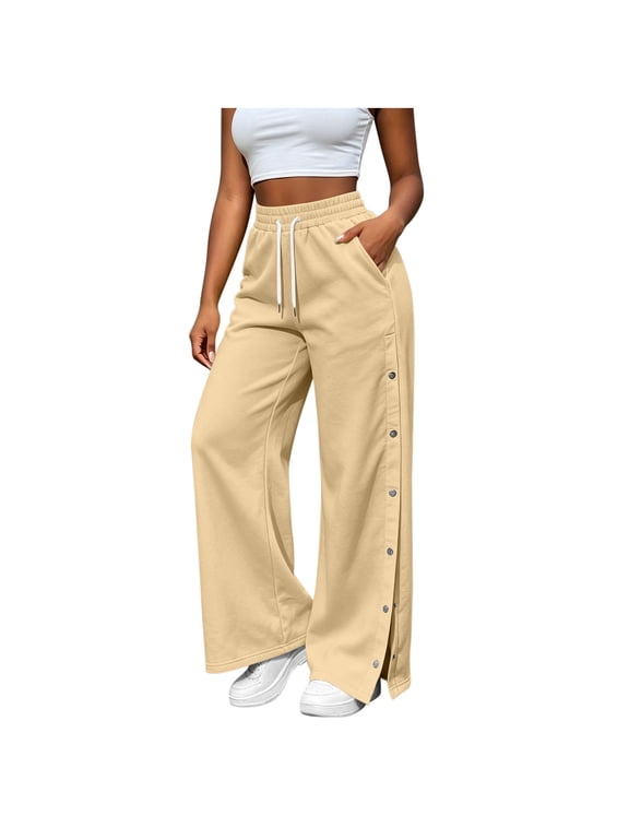 Straight Leg Sweatpants for Women Plus Size Drawstring Pant Side Snap Button Fall Trousers with Pocket L