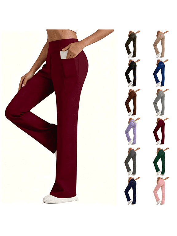 Straight Leg Yoga Pants with Pockets Women Casual Gym with Pockets Elastic Trousers Solid Trendy Bottoms Red
