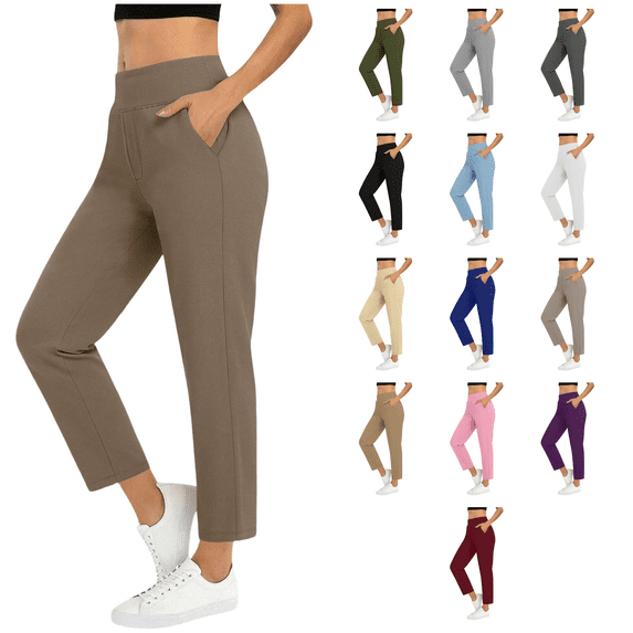 successthop Straight Leg Yoga Pants with Pockets Women Casual Gym with Pockets Elastic Trousers Solid Trendy Bottoms S